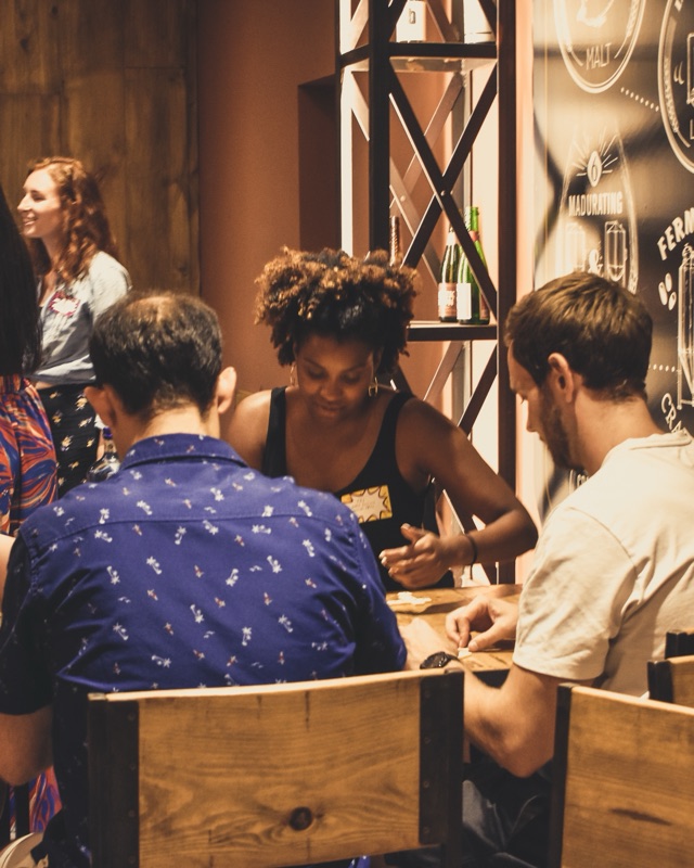 Participants playing a conversation game around a table