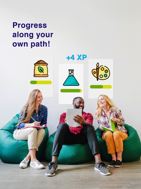An early Pangea Chat ad: three learners on beanbags under the heading Progress along your own path, with XP topic cards